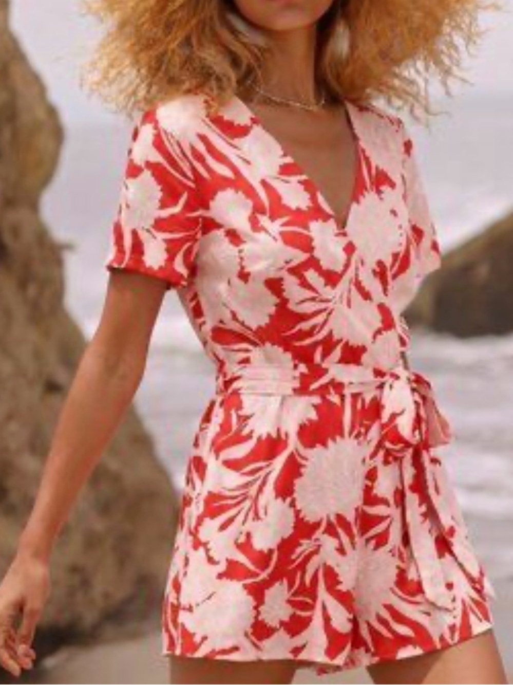 Red Floral Wrap romper with Tie Belt